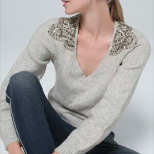 WHBM Grey V neck Sweater, sz M Rhinestones